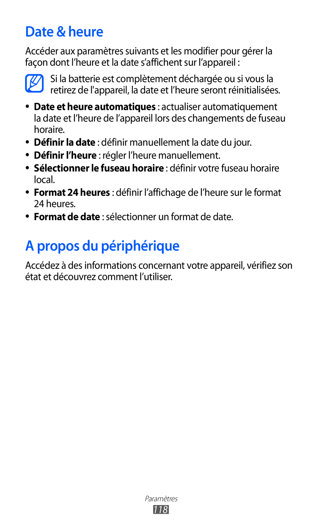 Samsung GT-P7320UWAFTM, GT-P7320UWACOV, GT-P7320FKAFTM manual Date & heure, Propos du périphérique, 118 