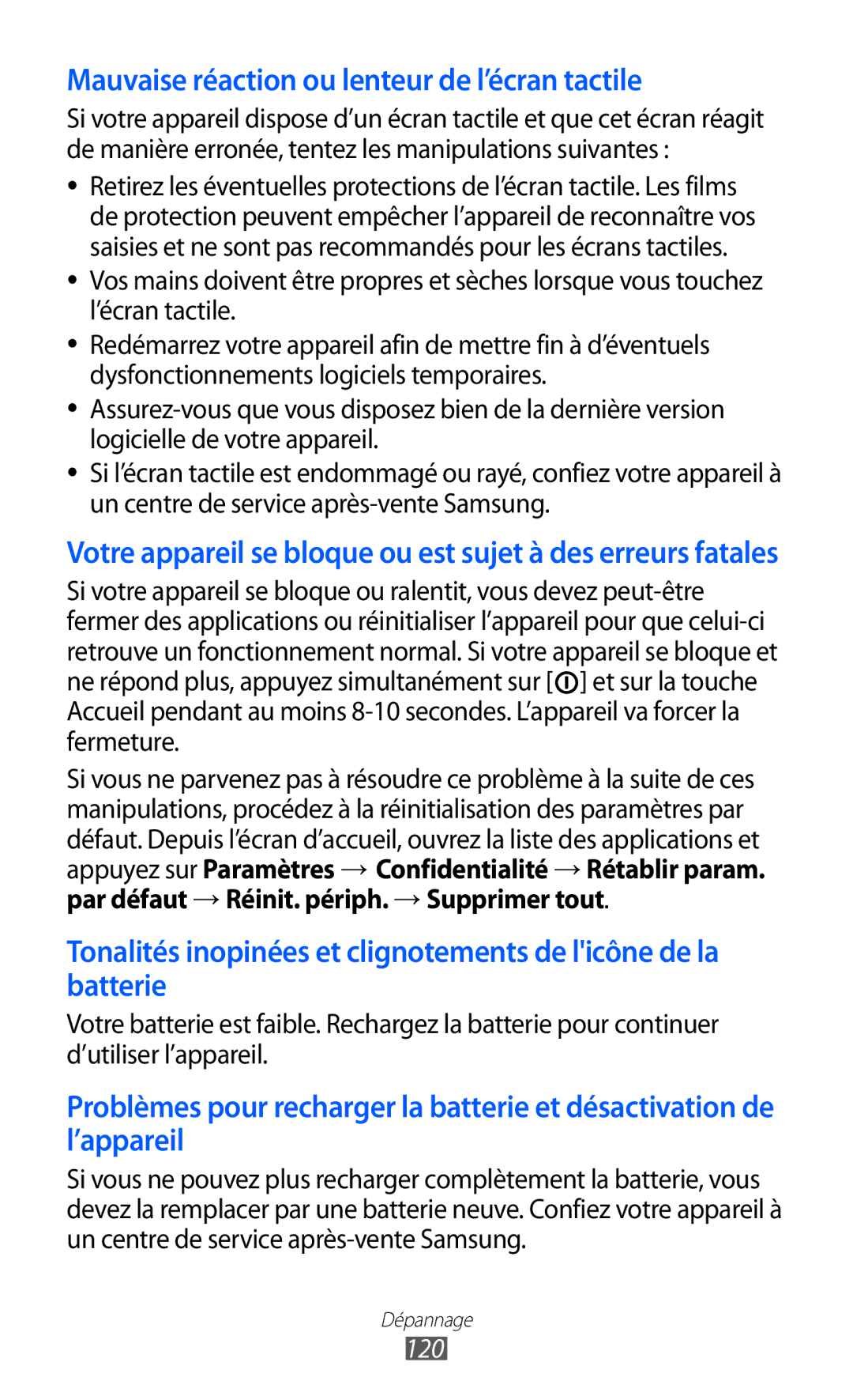 Samsung GT-P7320UWACOV, GT-P7320UWAFTM, GT-P7320FKAFTM manual Mauvaise réaction ou lenteur de l’écran tactile, 120 