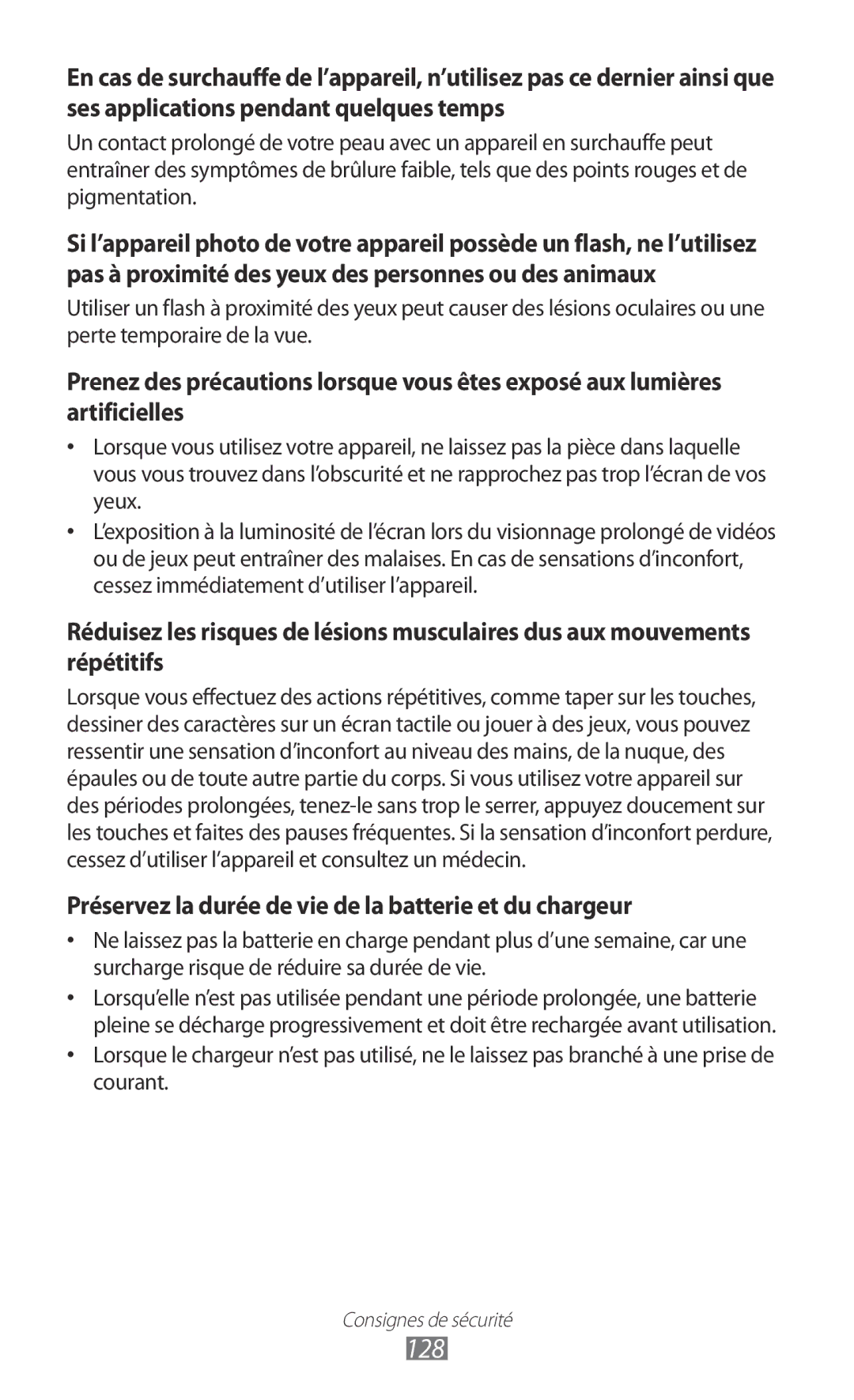 Samsung GT-P7320FKAFTM, GT-P7320UWACOV, GT-P7320UWAFTM manual 128, Préservez la durée de vie de la batterie et du chargeur 