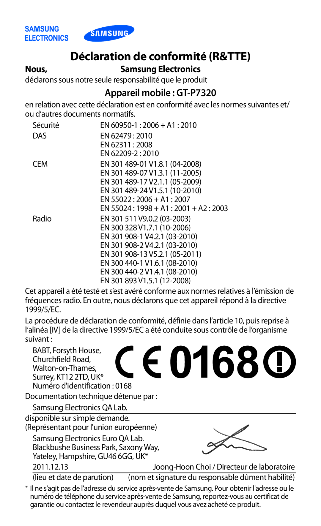 Samsung GT-P7320UWAFTM, GT-P7320UWACOV, GT-P7320FKAFTM manual Déclaration de conformité R&TTE, Appareil mobile GT-P7320 