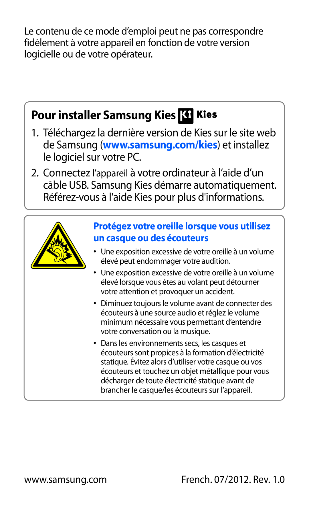 Samsung GT-P7320FKAFTM, GT-P7320UWACOV, GT-P7320UWAFTM manual Pour installer Samsung Kies 