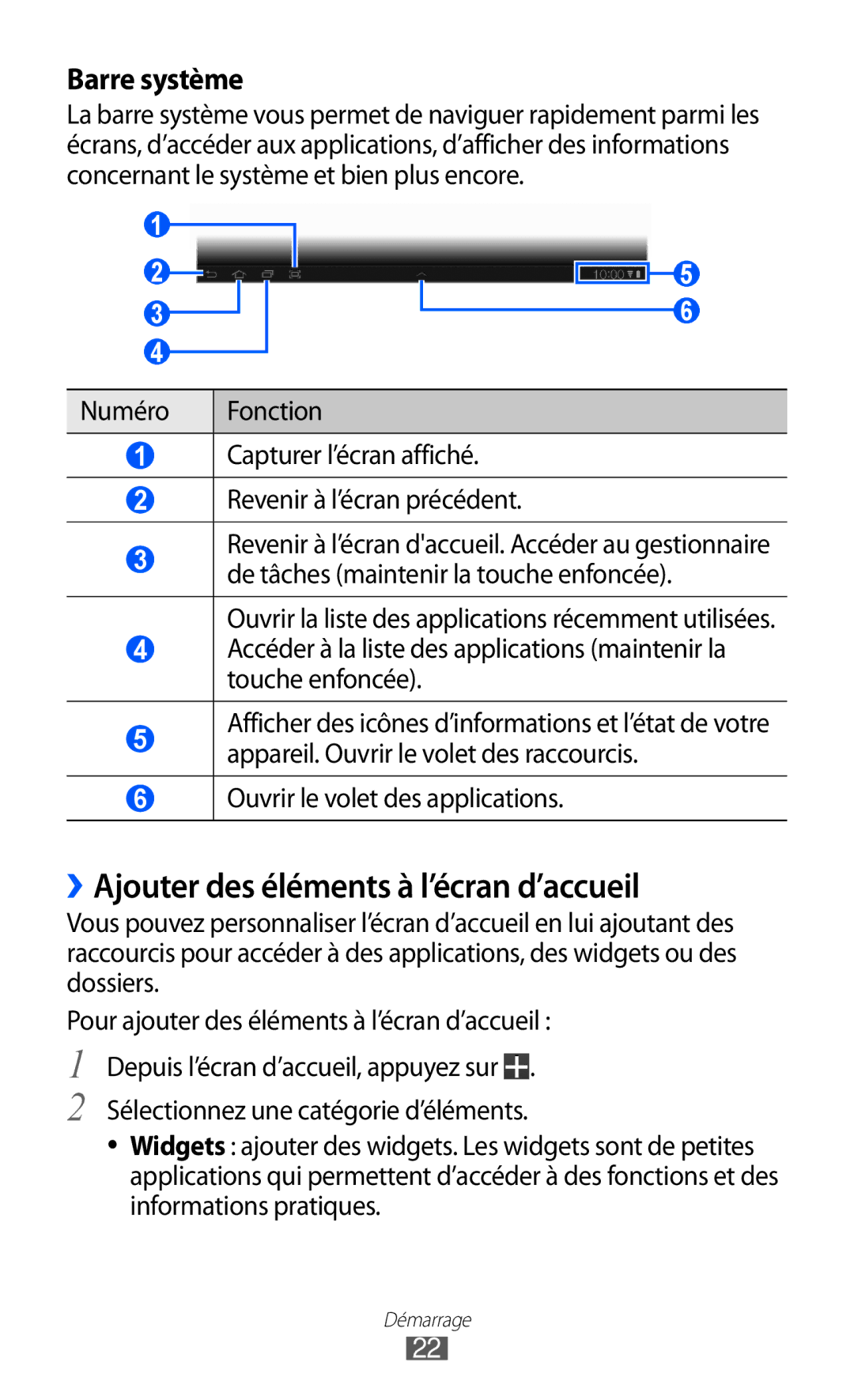 Samsung GT-P7320UWAFTM, GT-P7320UWACOV, GT-P7320FKAFTM manual ››Ajouter des éléments à l’écran d’accueil, Barre système 