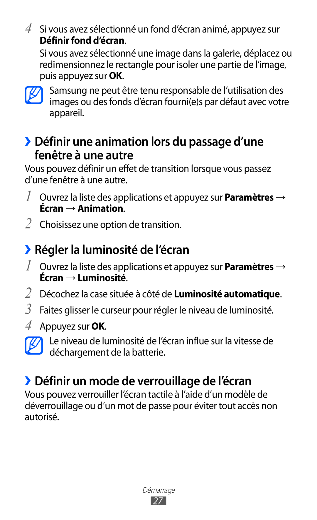 Samsung GT-P7320UWACOV, GT-P7320UWAFTM ››Régler la luminosité de l’écran, ››Définir un mode de verrouillage de l’écran 