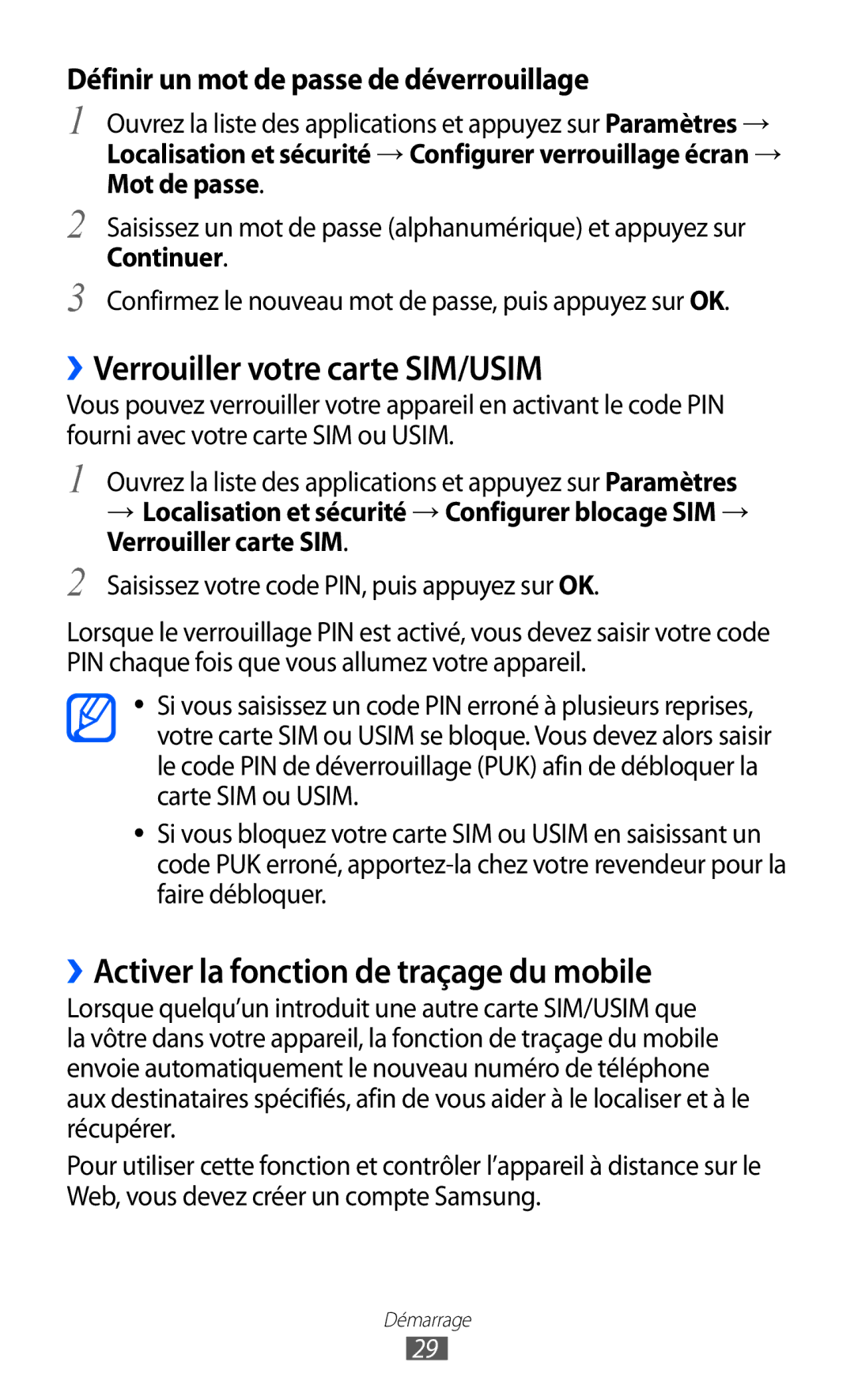 Samsung GT-P7320FKAFTM, GT-P7320UWACOV manual ››Verrouiller votre carte SIM/USIM, ››Activer la fonction de traçage du mobile 