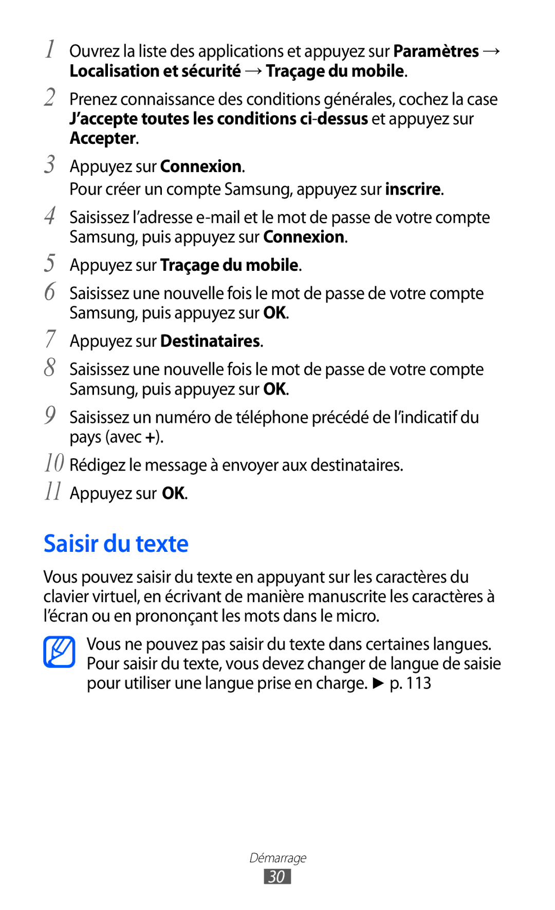 Samsung GT-P7320UWACOV, GT-P7320UWAFTM, GT-P7320FKAFTM manual Saisir du texte, Appuyez sur Traçage du mobile 