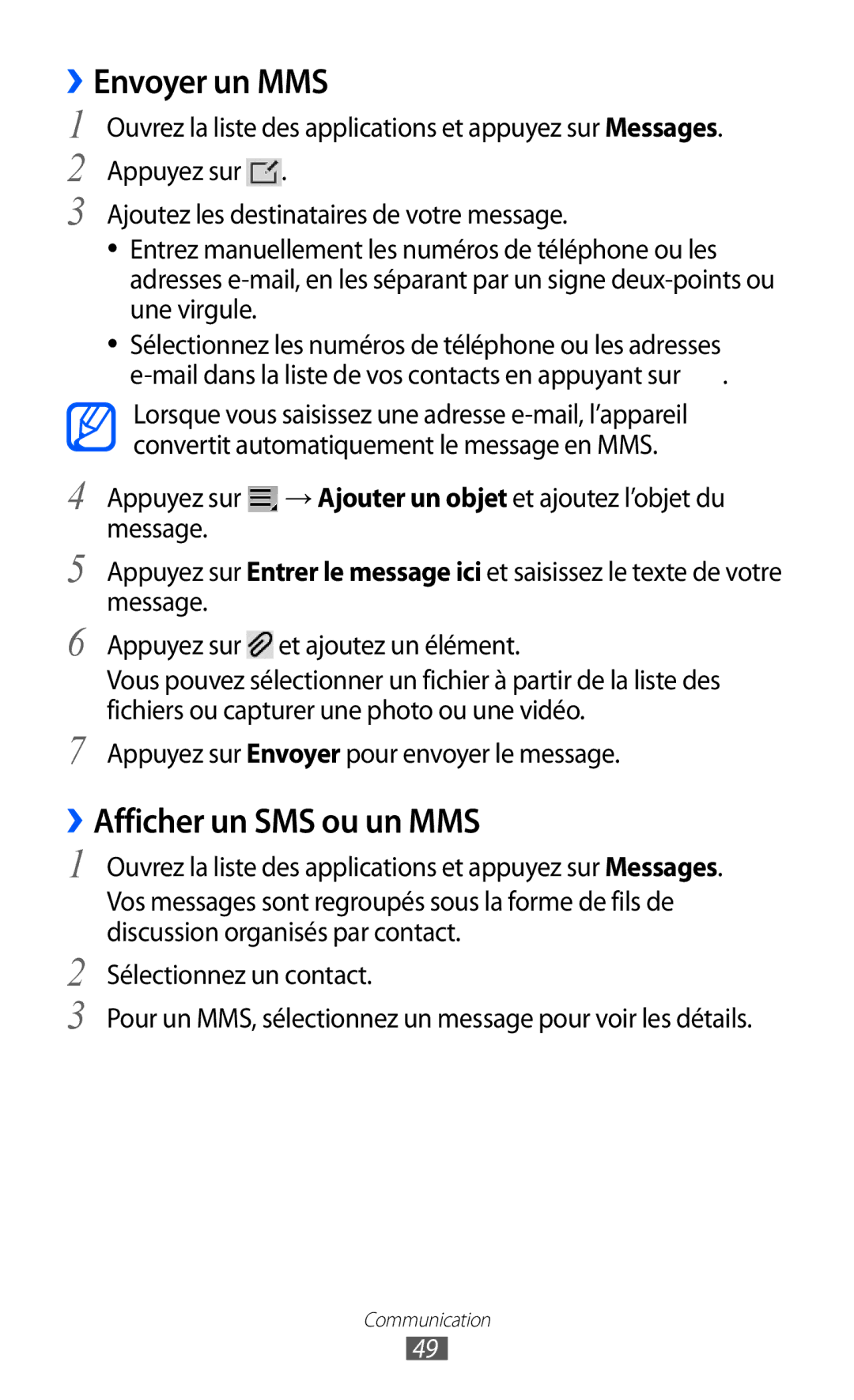 Samsung GT-P7320UWAFTM, GT-P7320UWACOV, GT-P7320FKAFTM manual ››Envoyer un MMS, ››Afficher un SMS ou un MMS 