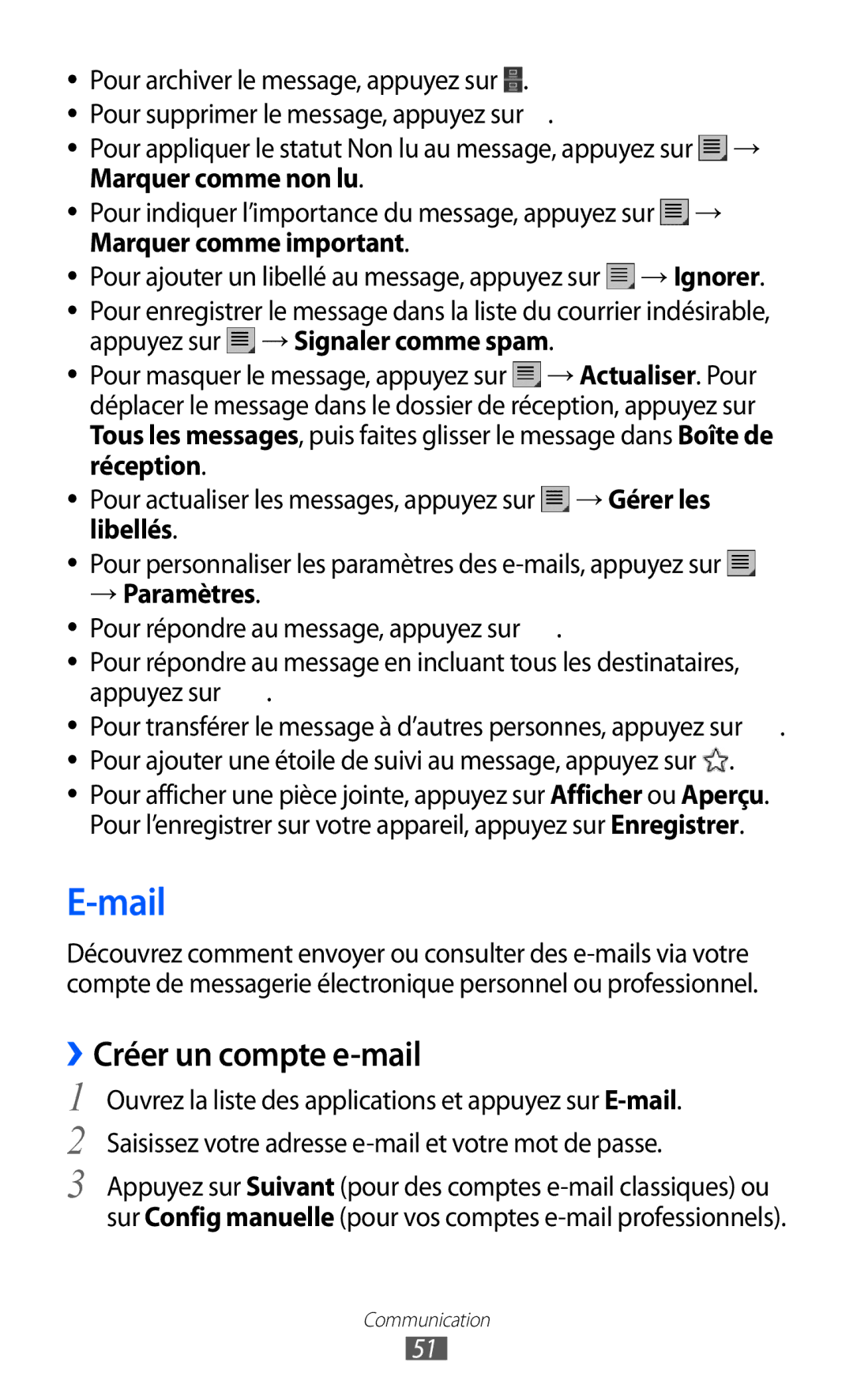 Samsung GT-P7320UWACOV, GT-P7320UWAFTM, GT-P7320FKAFTM Mail, ››Créer un compte e-mail, Appuyez sur → Signaler comme spam 