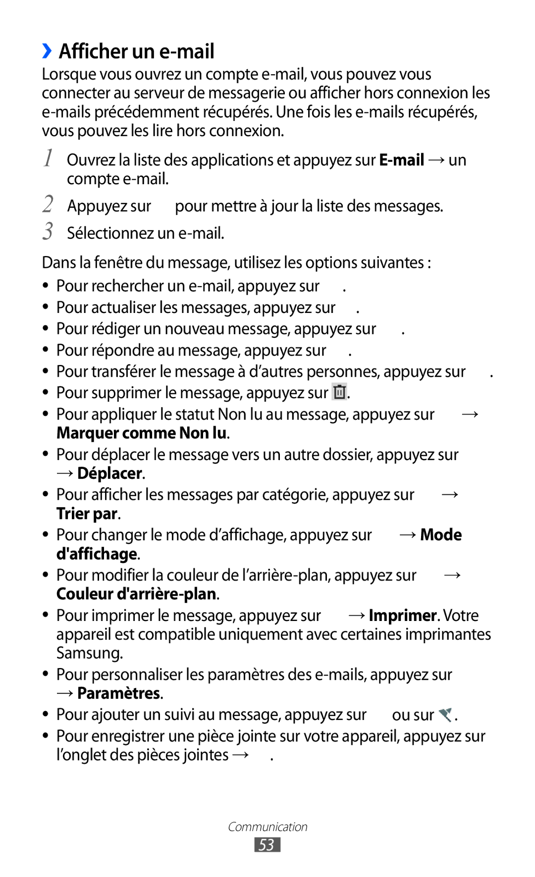 Samsung GT-P7320FKAFTM Pour actualiser les messages, appuyez sur, → Déplacer, Trier par, Daffichage, Couleur darrière-plan 