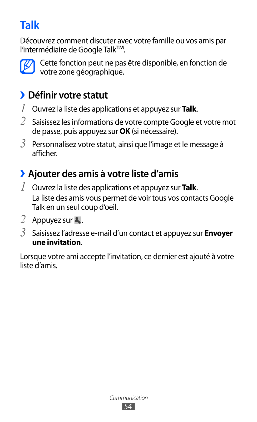 Samsung GT-P7320UWACOV, GT-P7320UWAFTM manual Talk, ››Définir votre statut, ››Ajouter des amis à votre liste d’amis 