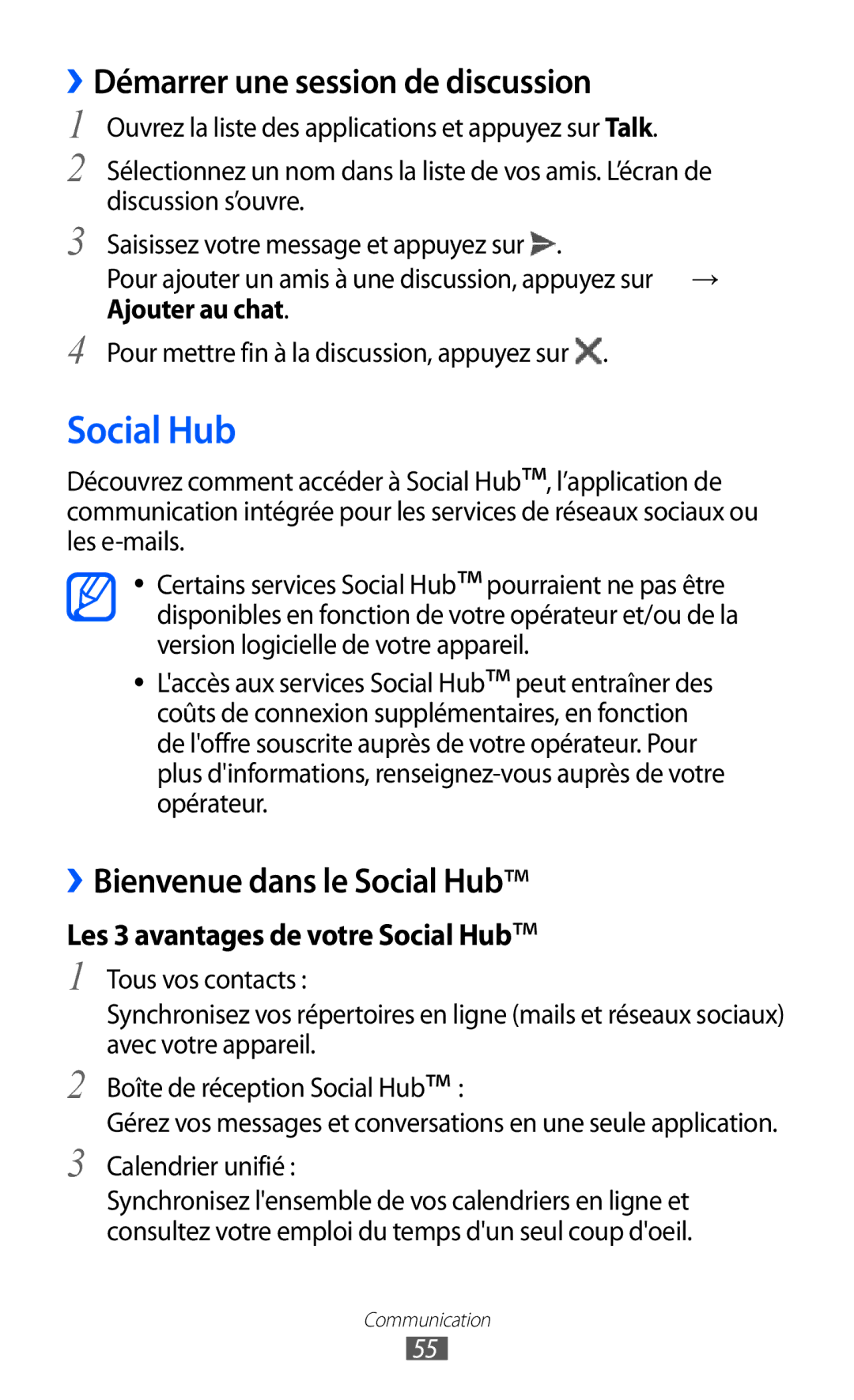 Samsung GT-P7320UWAFTM, GT-P7320UWACOV, GT-P7320FKAFTM Social Hub, ››Démarrer une session de discussion, Calendrier unifié 