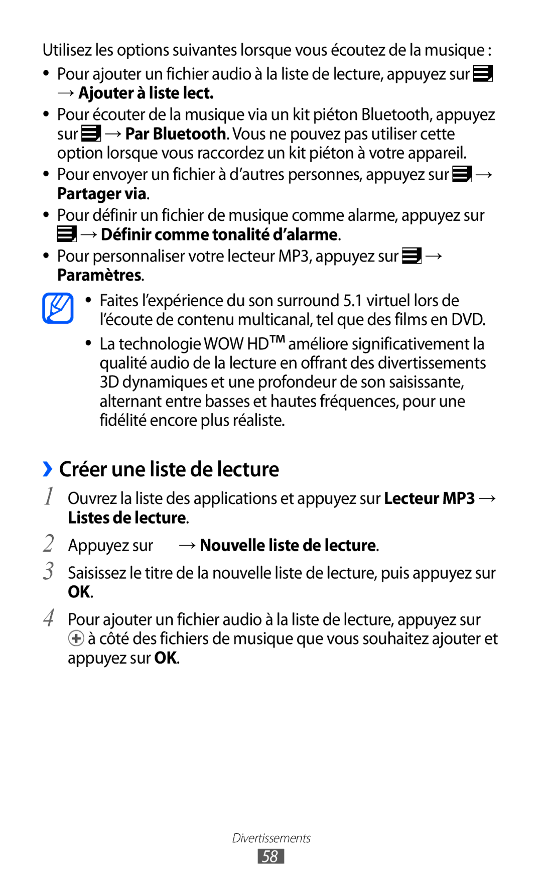 Samsung GT-P7320UWAFTM manual ››Créer une liste de lecture, → Ajouter à liste lect, → Définir comme tonalité d’alarme 