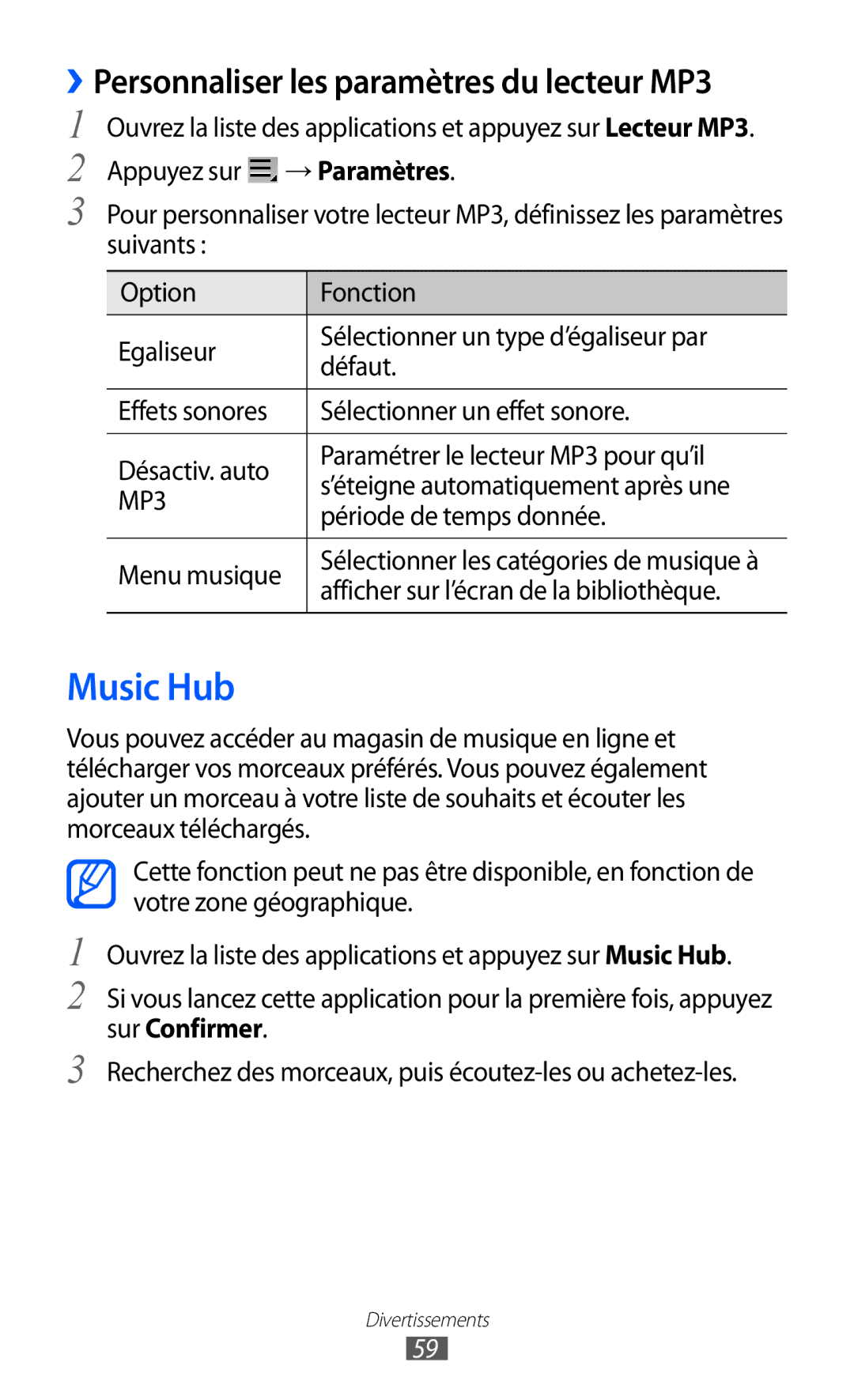 Samsung GT-P7320FKAFTM Music Hub, ››Personnaliser les paramètres du lecteur MP3, Période de temps donnée, Menu musique 