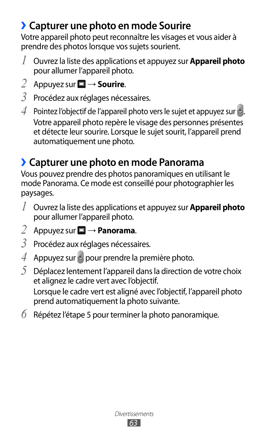 Samsung GT-P7320UWACOV, GT-P7320UWAFTM manual ››Capturer une photo en mode Sourire, ››Capturer une photo en mode Panorama 