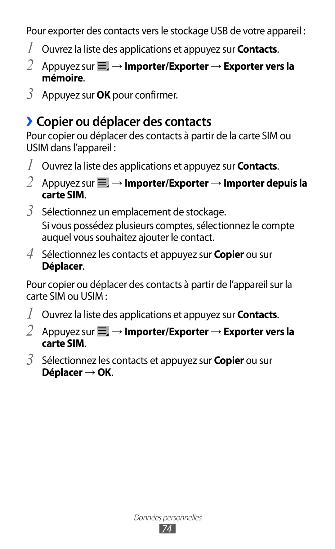 Samsung GT-P7320FKAFTM manual ››Copier ou déplacer des contacts, Appuyez sur → Importer/Exporter → Exporter vers la mémoire 