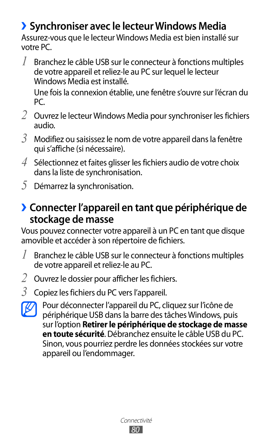 Samsung GT-P7320FKAFTM, GT-P7320UWACOV, GT-P7320UWAFTM manual ››Synchroniser avec le lecteur Windows Media 