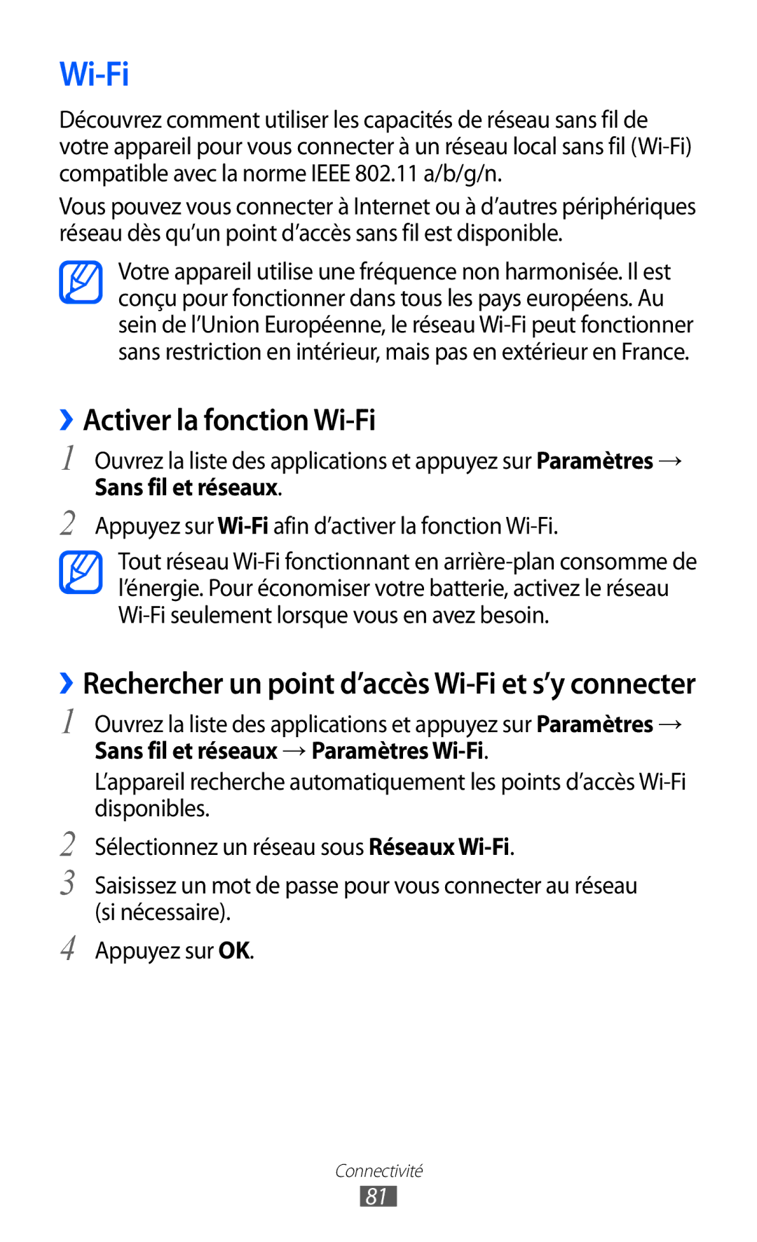 Samsung GT-P7320UWACOV, GT-P7320UWAFTM, GT-P7320FKAFTM manual ››Activer la fonction Wi-Fi 