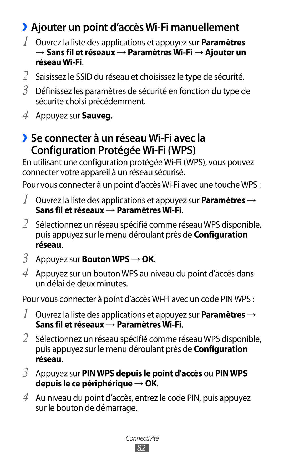 Samsung GT-P7320UWAFTM manual ››Ajouter un point d’accès Wi-Fi manuellement, Sans fil et réseaux → Paramètres Wi-Fi 