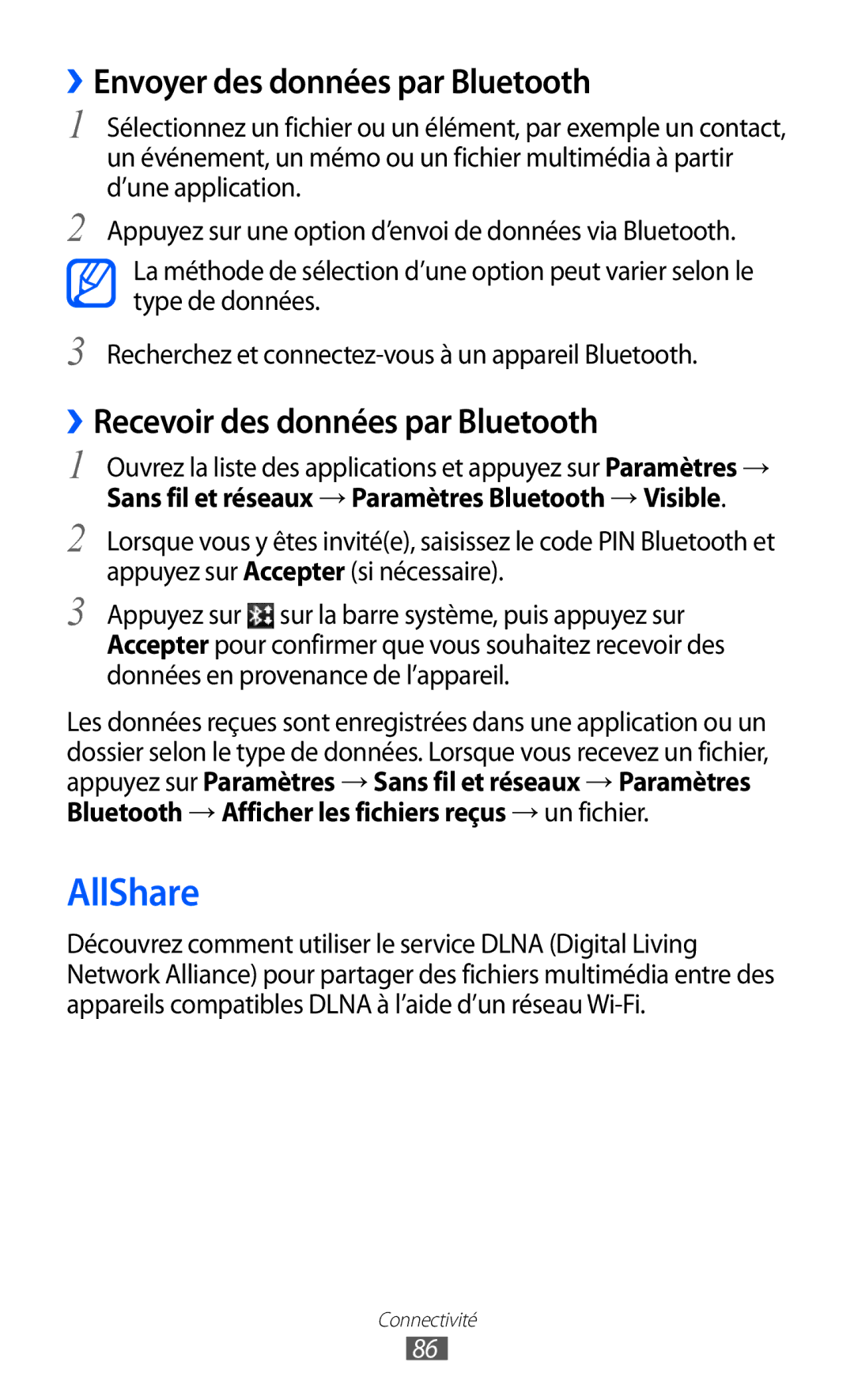 Samsung GT-P7320FKAFTM, GT-P7320UWACOV AllShare, ››Envoyer des données par Bluetooth, ››Recevoir des données par Bluetooth 