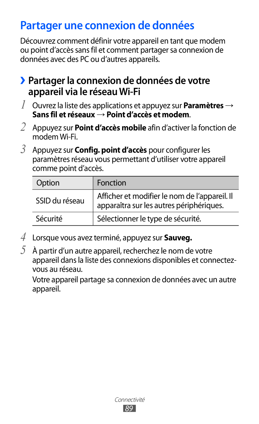 Samsung GT-P7320FKAFTM, GT-P7320UWACOV, GT-P7320UWAFTM manual Partager une connexion de données 