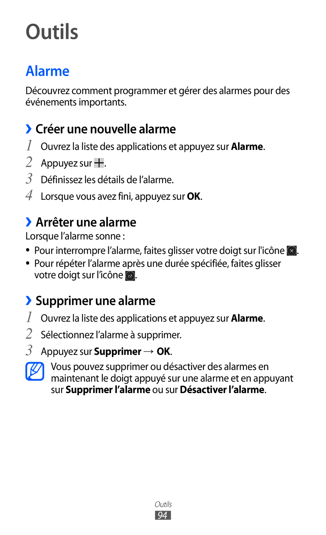 Samsung GT-P7320UWAFTM manual Outils, Alarme, ››Créer une nouvelle alarme, ››Arrêter une alarme, ››Supprimer une alarme 