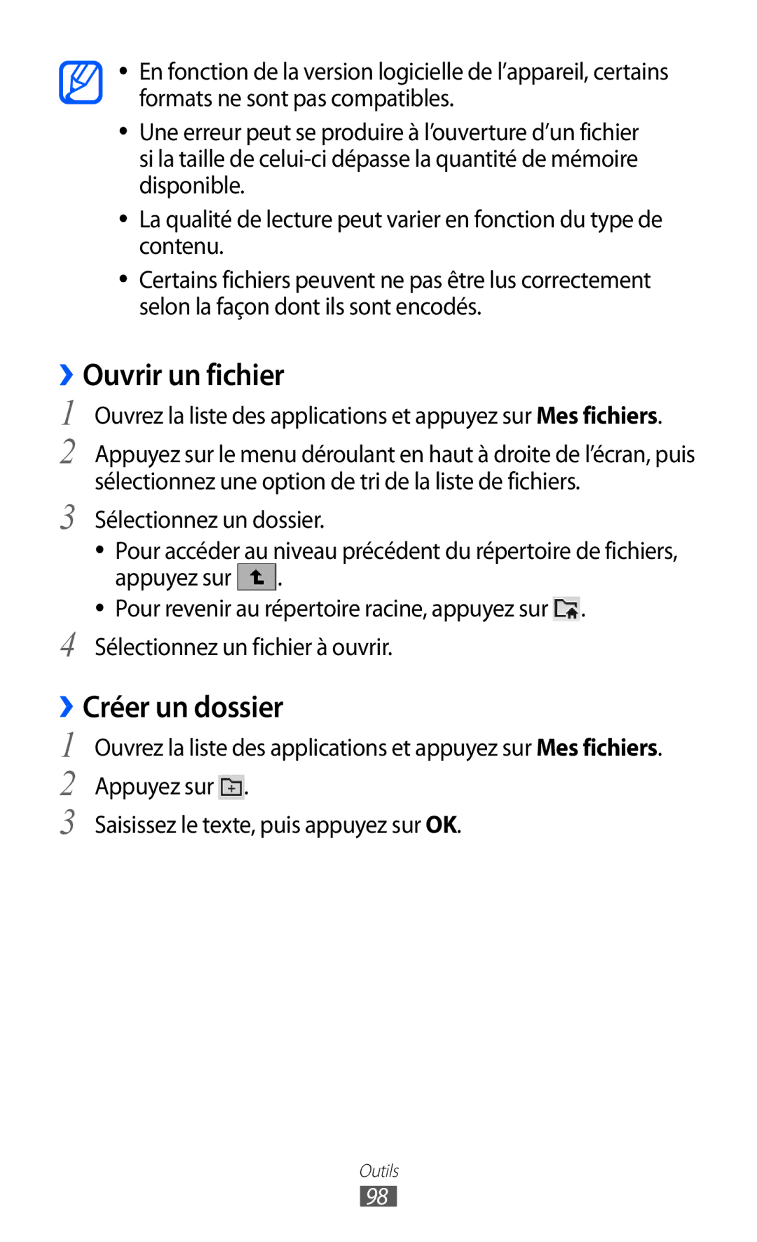 Samsung GT-P7320FKAFTM, GT-P7320UWACOV, GT-P7320UWAFTM manual ››Ouvrir un fichier, Créer un dossier, Sélectionnez un dossier 