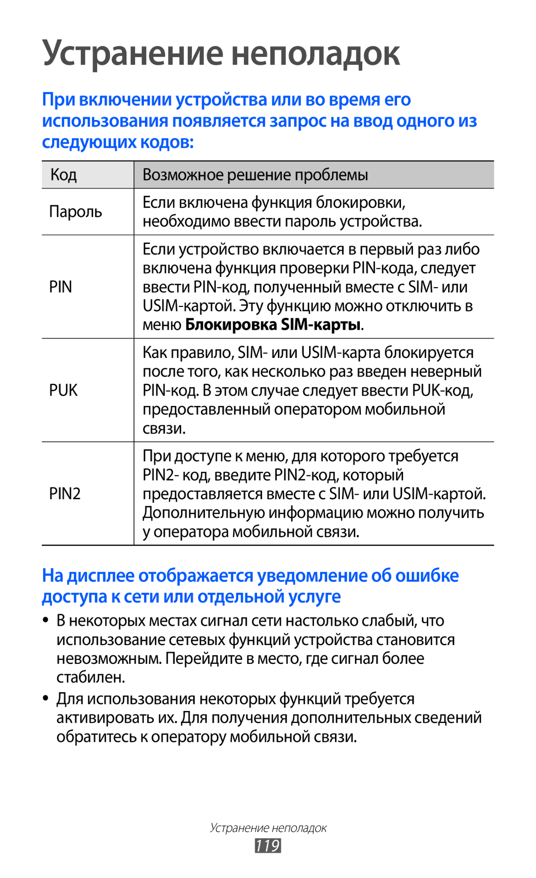 Samsung GT-P7320FKAMGF, GT-P7320UWAMGF manual Устранение неполадок, Меню Блокировка SIM-карты, 119 