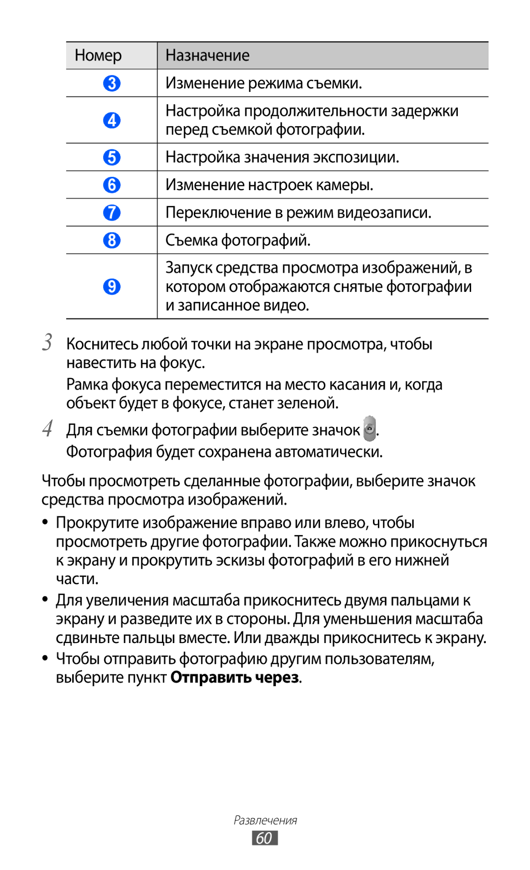 Samsung GT-P7320UWAMGF Номер Назначение Изменение режима съемки, Экрану и прокрутить эскизы фотографий в его нижней части 