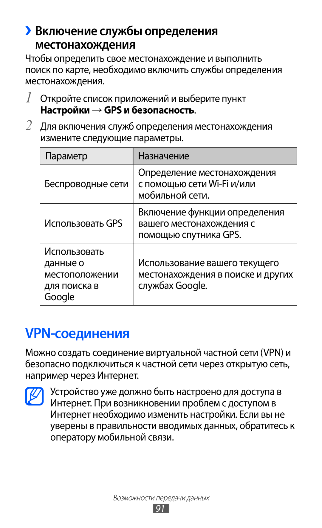 Samsung GT-P7320FKAMGF, GT-P7320UWAMGF manual VPN-соединения, Настройки → GPS и безопасность 