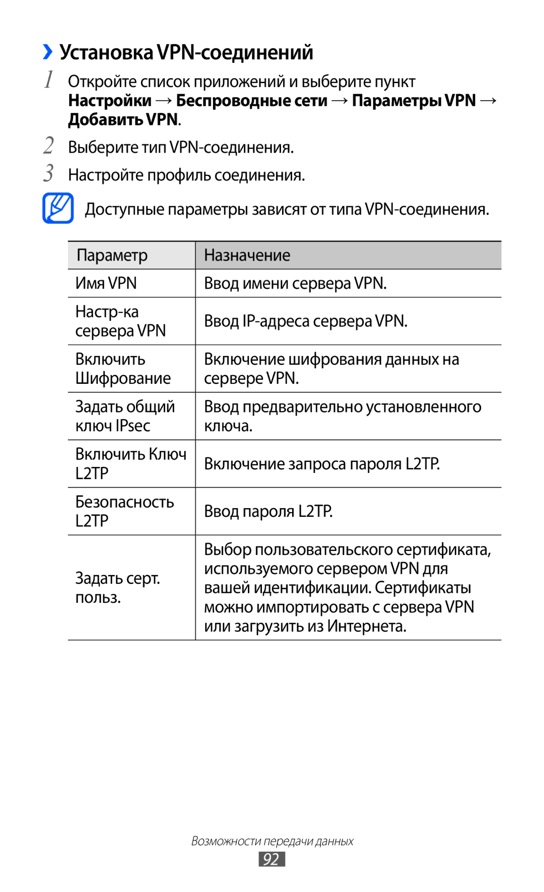 Samsung GT-P7320UWAMGF, GT-P7320FKAMGF manual ››Установка VPN-соединений 