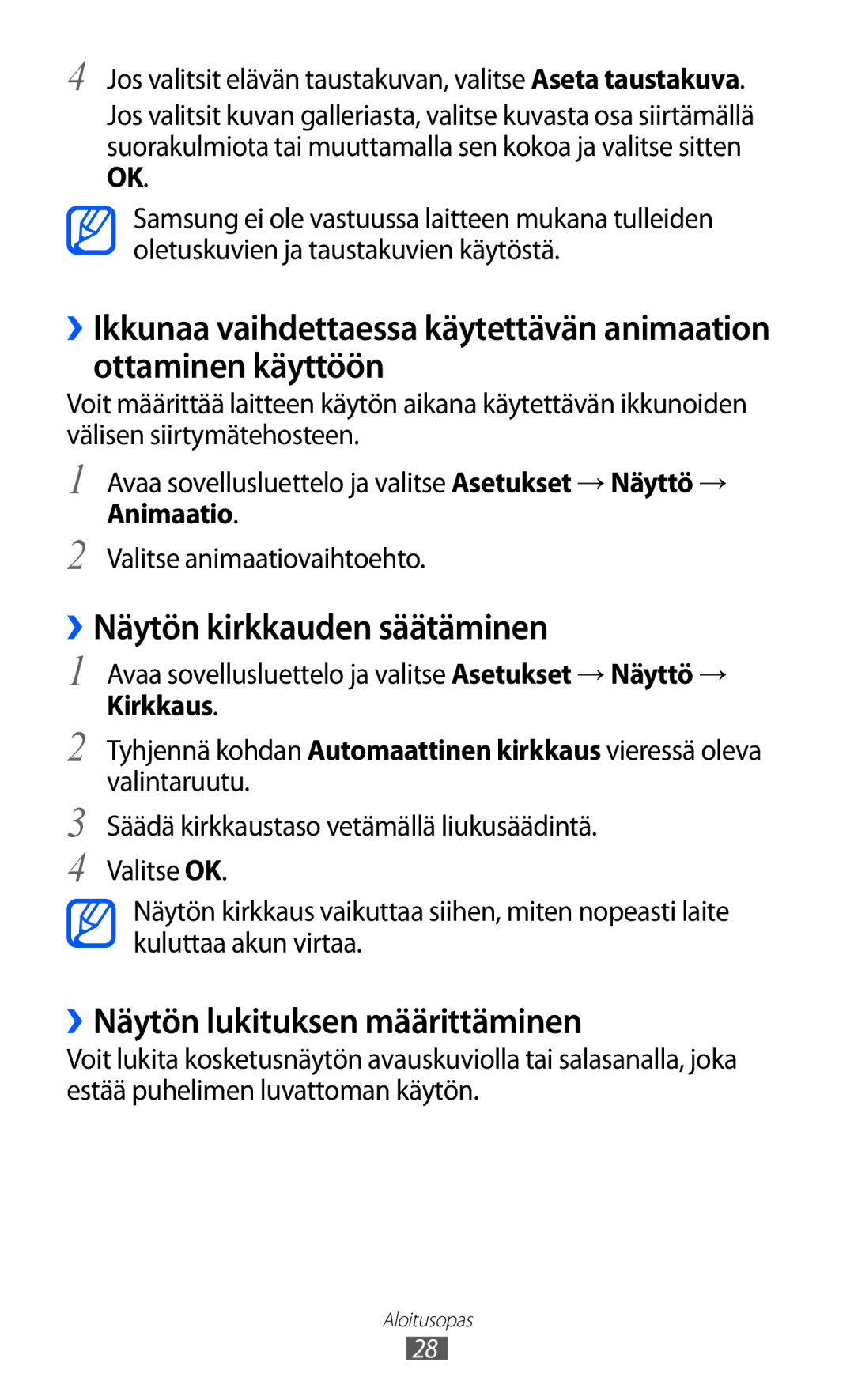 Samsung GT-P7320UWANEE, GT-P7320FKANEE manual ››Näytön kirkkauden säätäminen, ››Näytön lukituksen määrittäminen, Animaatio 