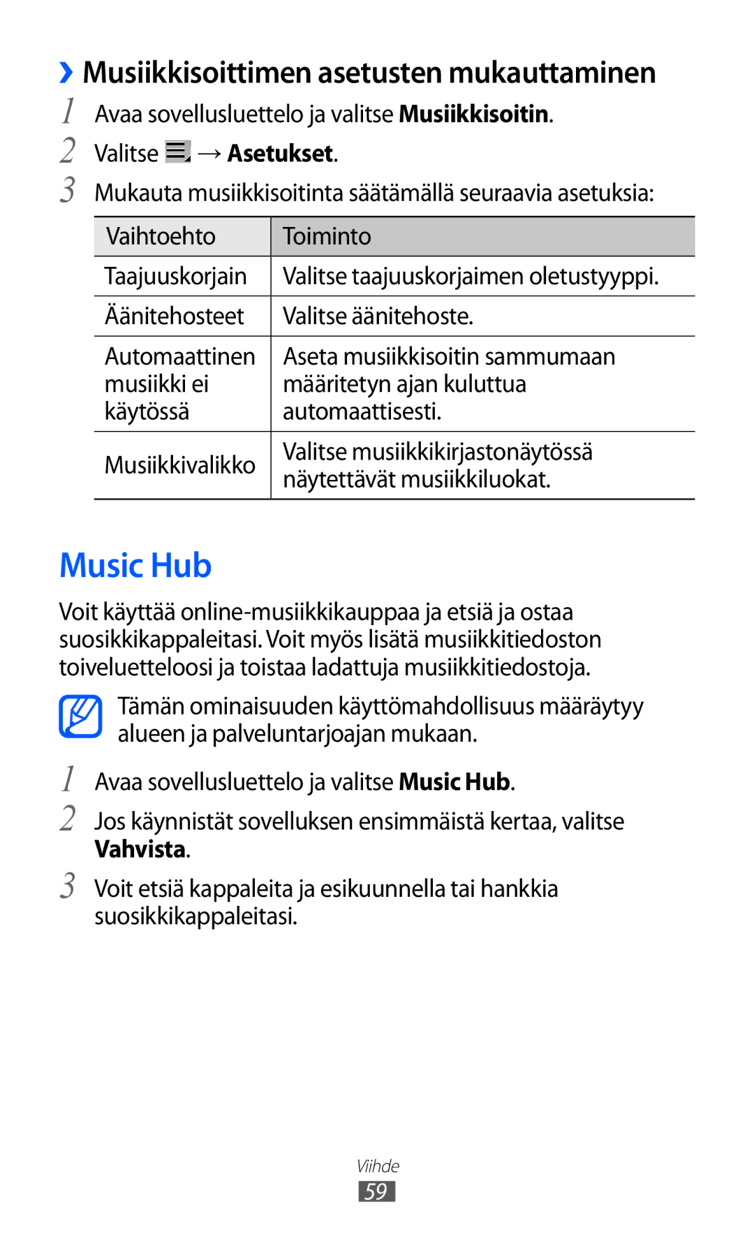 Samsung GT-P7320UWAELS, GT-P7320UWANEE, GT-P7320FKANEE manual Music Hub, ››Musiikkisoittimen asetusten mukauttaminen 