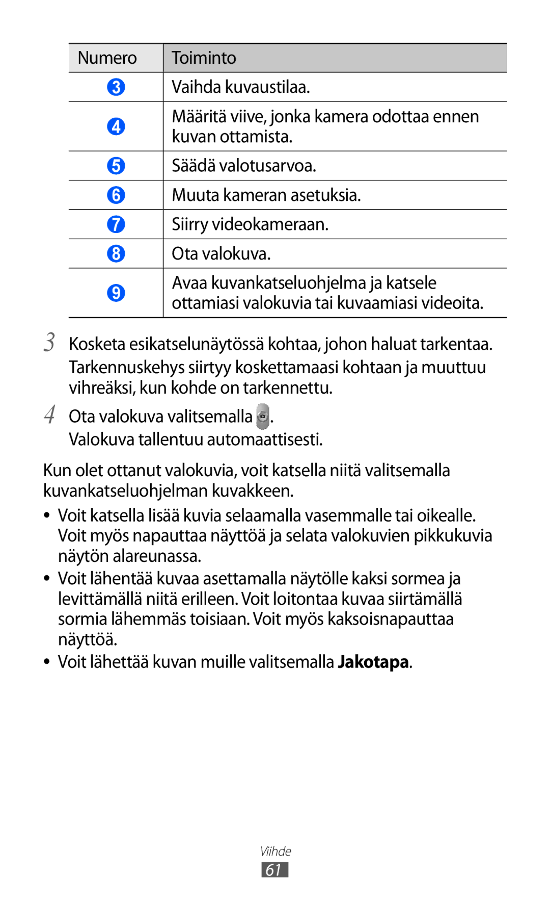 Samsung GT-P7320FKANEE, GT-P7320UWANEE, GT-P7320UWATSF manual Kosketa esikatselunäytössä kohtaa, johon haluat tarkentaa 