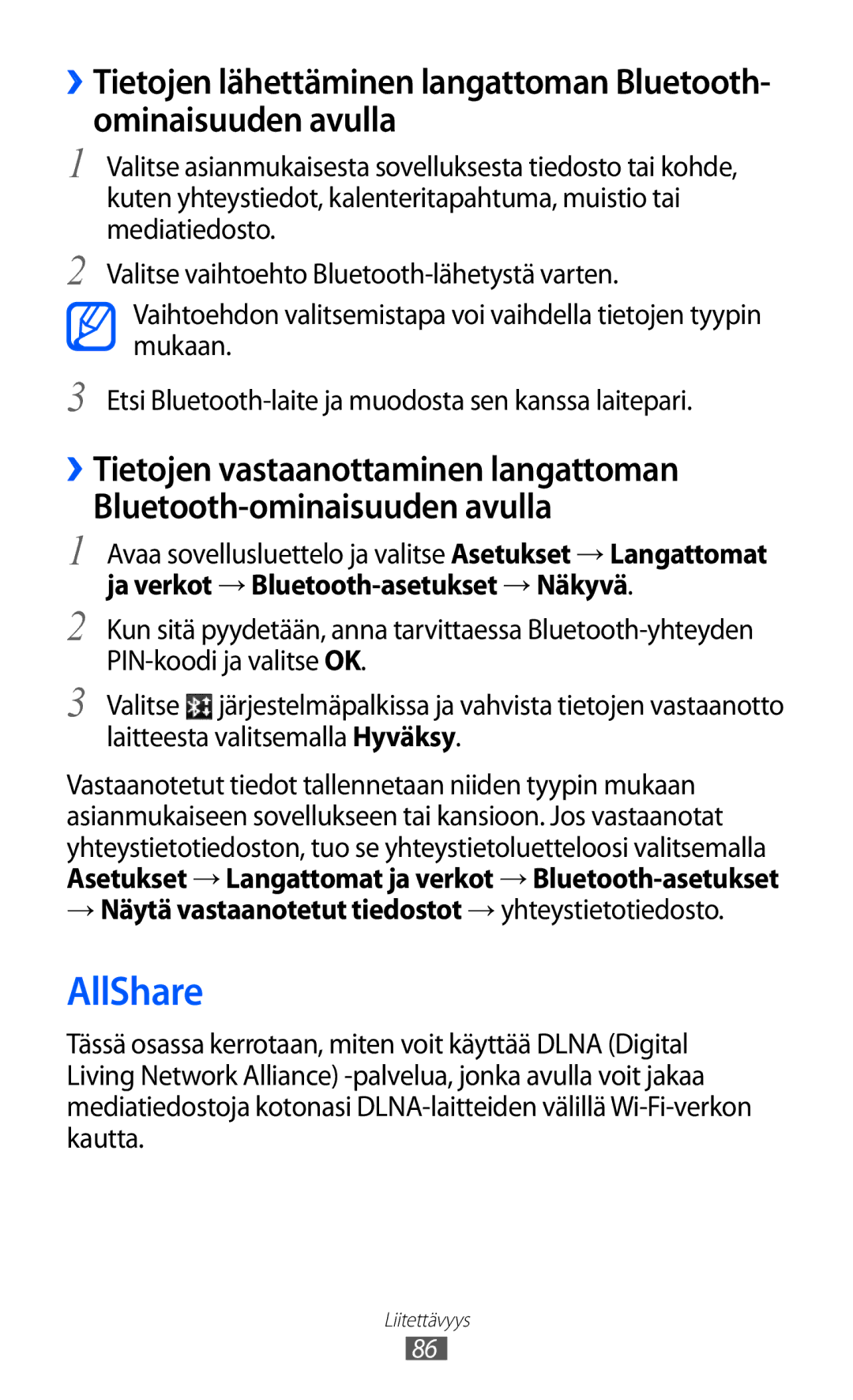 Samsung GT-P7320UWATSF, GT-P7320UWANEE, GT-P7320FKANEE manual AllShare, → Näytä vastaanotetut tiedostot → yhteystietotiedosto 