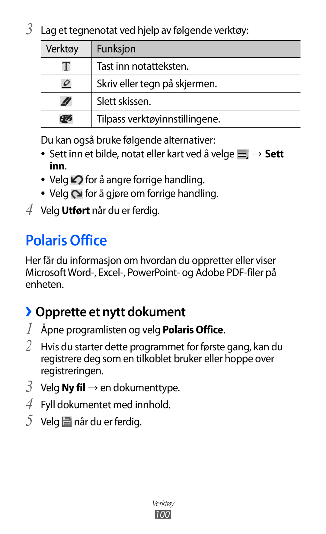 Samsung GT-P7320UWANEE, GT-P7320FKANEE, GT-P7320UWATSF manual Polaris Office, ››Opprette et nytt dokument, → Sett, Inn, 100 