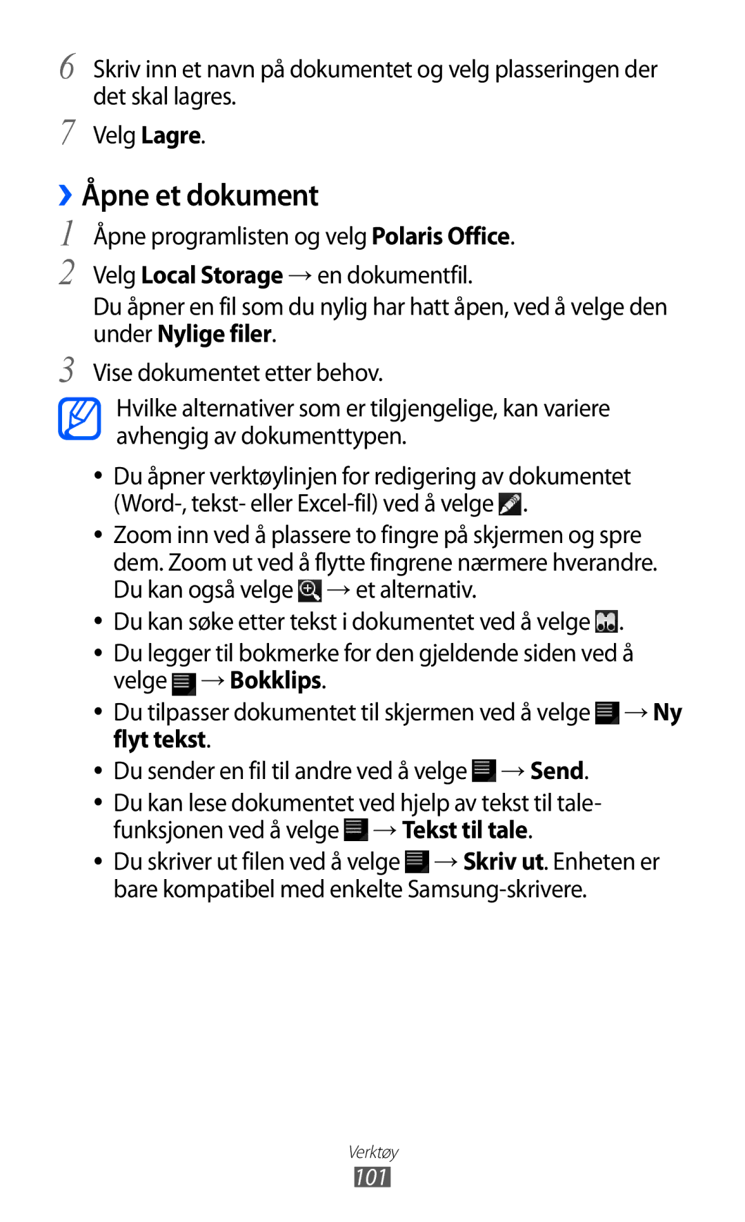 Samsung GT-P7320FKANEE, GT-P7320UWANEE, GT-P7320UWATSF, GT-P7320UWAELS manual ››Åpne et dokument, 101 