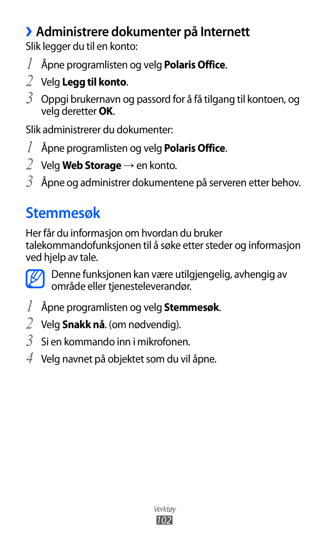 Samsung GT-P7320UWATSF, GT-P7320UWANEE manual Stemmesøk, ››Administrere dokumenter på Internett, Velg Legg til konto, 102 