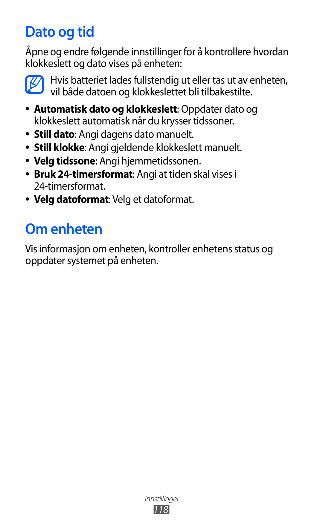Samsung GT-P7320UWATSF, GT-P7320UWANEE, GT-P7320FKANEE, GT-P7320UWAELS manual Dato og tid, Om enheten, 118 