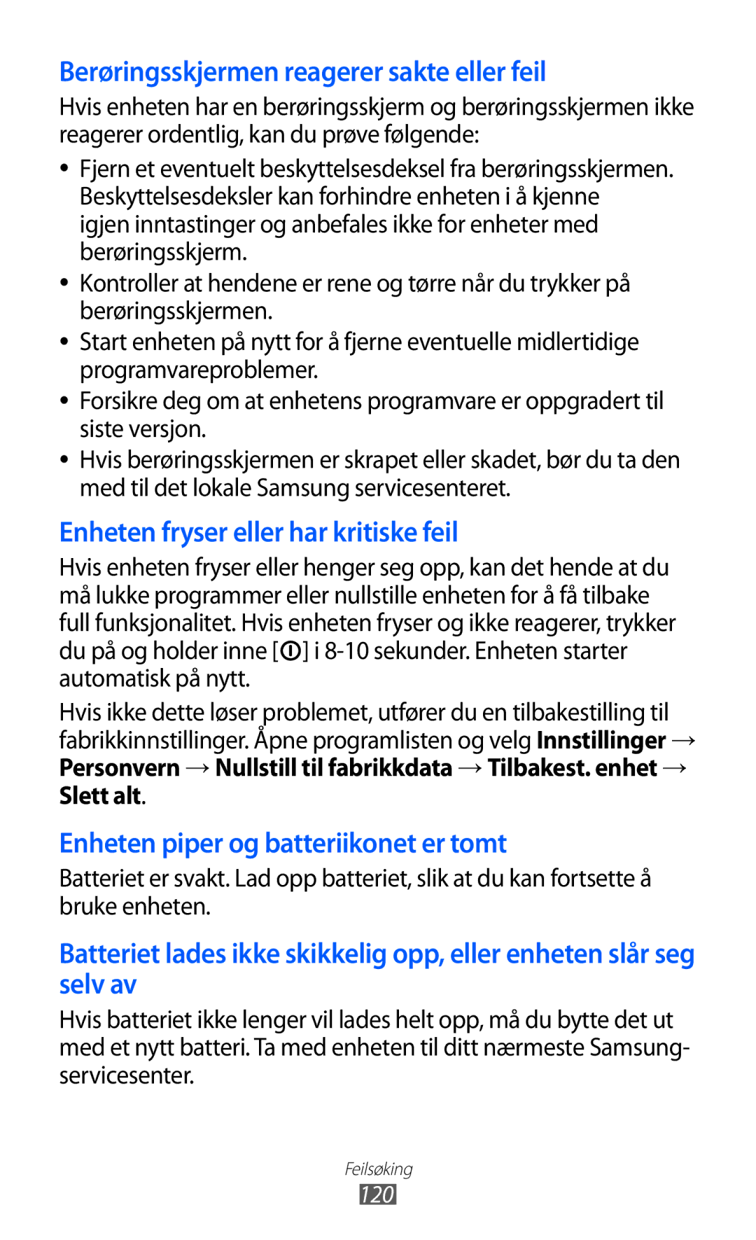 Samsung GT-P7320UWANEE, GT-P7320FKANEE, GT-P7320UWATSF, GT-P7320UWAELS manual Berøringsskjermen reagerer sakte eller feil, 120 