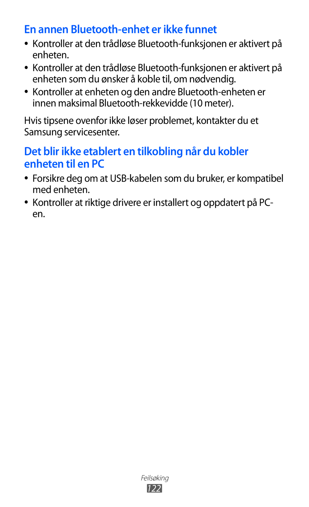 Samsung GT-P7320UWATSF, GT-P7320UWANEE, GT-P7320FKANEE, GT-P7320UWAELS manual En annen Bluetooth-enhet er ikke funnet, 122 