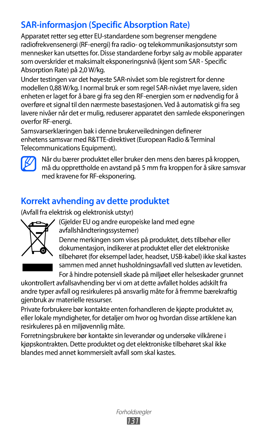 Samsung GT-P7320UWAELS, GT-P7320UWANEE, GT-P7320FKANEE, GT-P7320UWATSF manual SAR-informasjon Specific Absorption Rate, 131 
