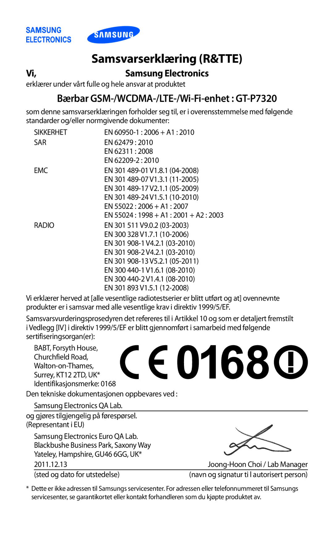 Samsung GT-P7320FKANEE, GT-P7320UWANEE, GT-P7320UWATSF, GT-P7320UWAELS manual Samsvarserklæring R&TTE 