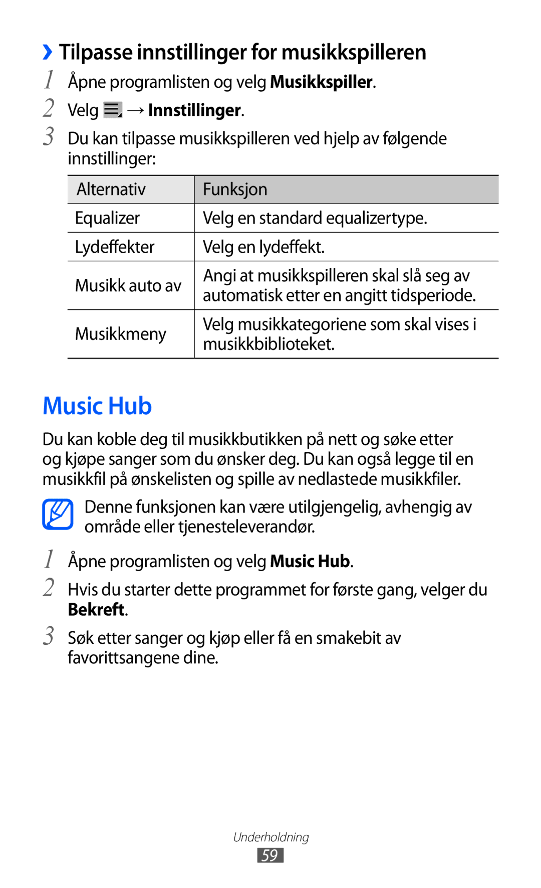 Samsung GT-P7320UWAELS, GT-P7320UWANEE manual Music Hub, ››Tilpasse innstillinger for musikkspilleren, Velg → Innstillinger 