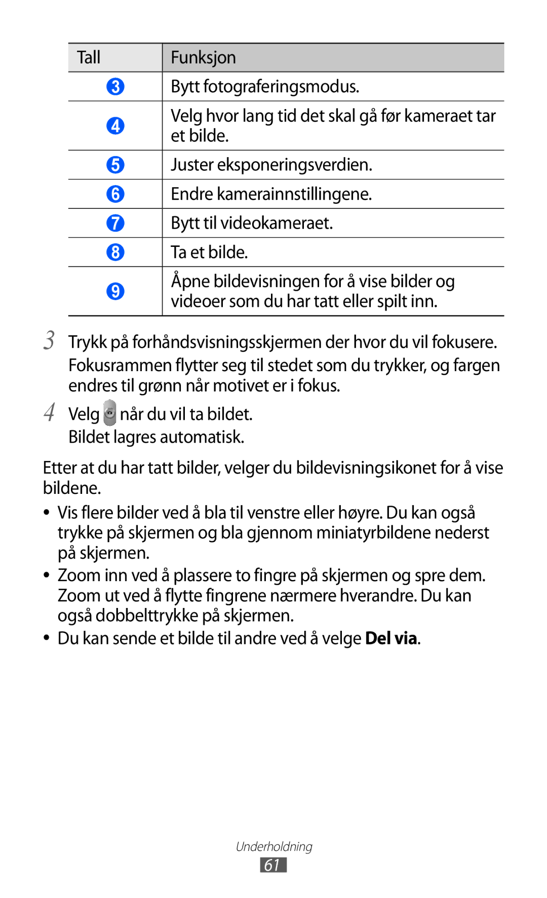 Samsung GT-P7320FKANEE, GT-P7320UWANEE, GT-P7320UWATSF manual Trykk på forhåndsvisningsskjermen der hvor du vil fokusere 