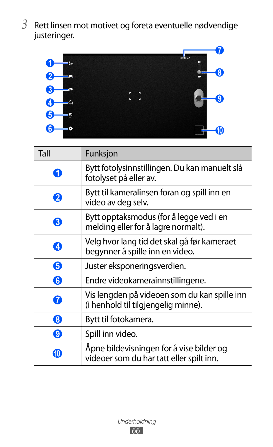 Samsung GT-P7320UWATSF Juster eksponeringsverdien Endre videokamerainnstillingene, Bytt til fotokamera Spill inn video 