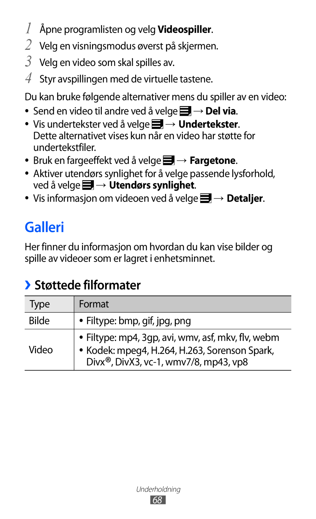 Samsung GT-P7320UWANEE, GT-P7320FKANEE Galleri, Støttede filformater, Type Format Bilde Filtype bmp, gif, jpg, png Video 