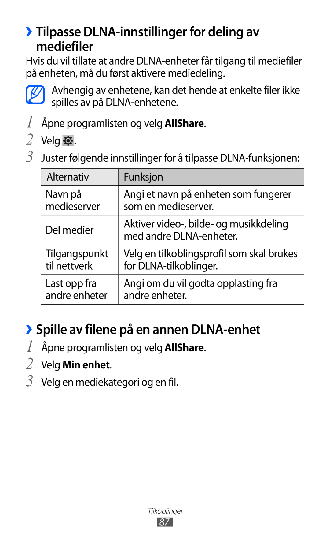 Samsung GT-P7320UWAELS ››Tilpasse DLNA-innstillinger for deling av mediefiler, ››Spille av filene på en annen DLNA-enhet 