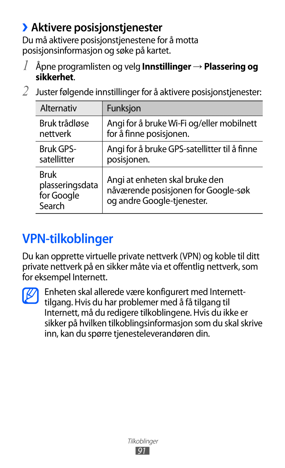 Samsung GT-P7320UWAELS, GT-P7320UWANEE, GT-P7320FKANEE, GT-P7320UWATSF manual VPN-tilkoblinger, ››Aktivere posisjonstjenester 