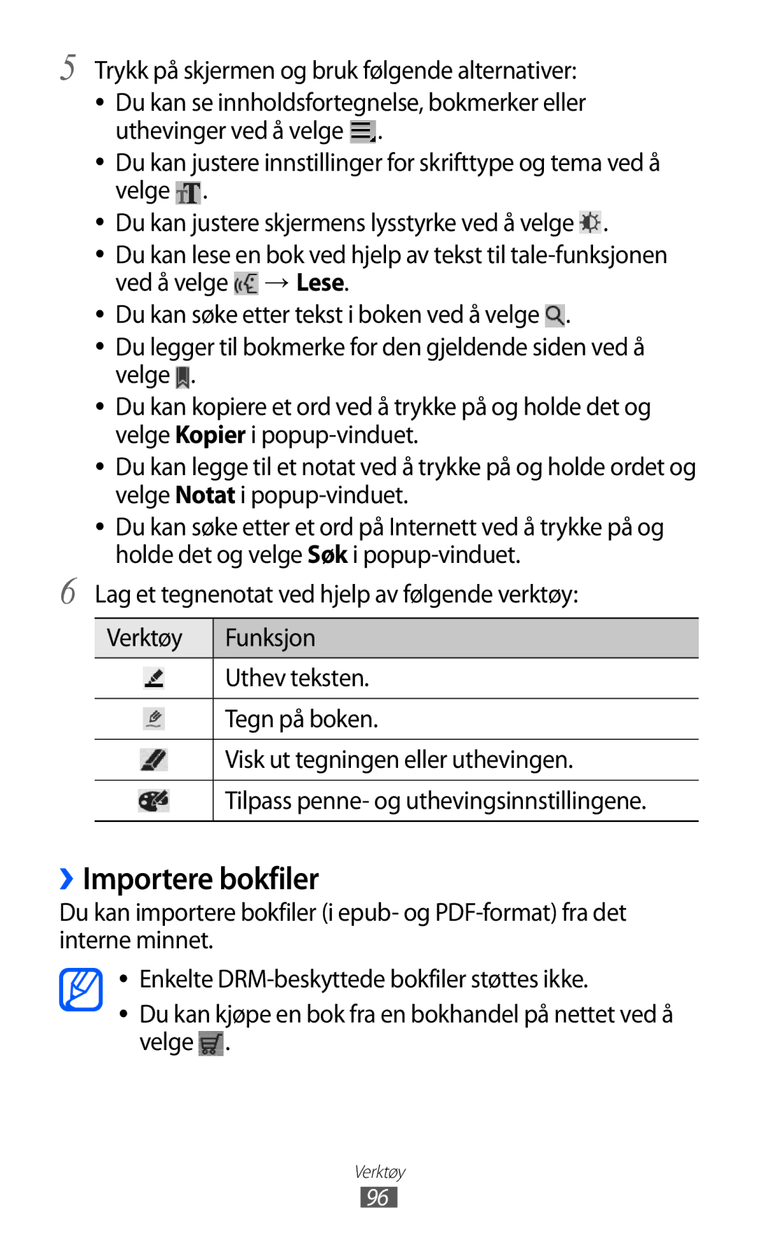 Samsung GT-P7320UWANEE, GT-P7320FKANEE manual ››Importere bokfiler, Trykk på skjermen og bruk følgende alternativer 