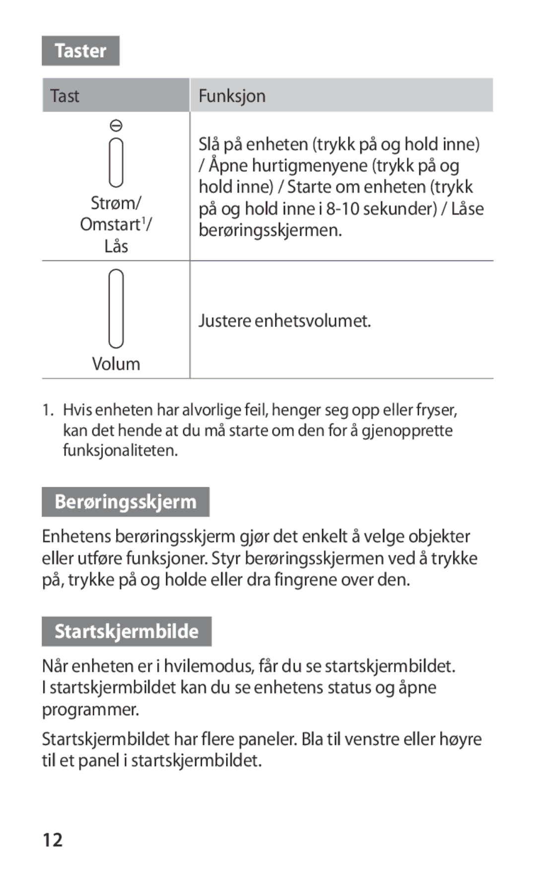 Samsung GT-P7320UWANEE, GT-P7320FKANEE, GT-P7320UWATSF manual Tast Funksjon, Berøringsskjermen, Justere enhetsvolumet 