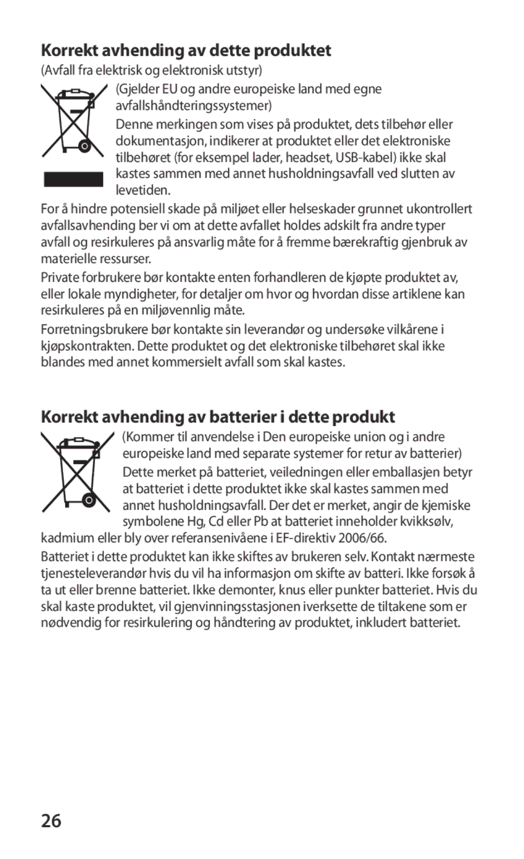 Samsung GT-P7320UWATSF manual Korrekt avhending av dette produktet, Korrekt avhending av batterier i dette produkt 